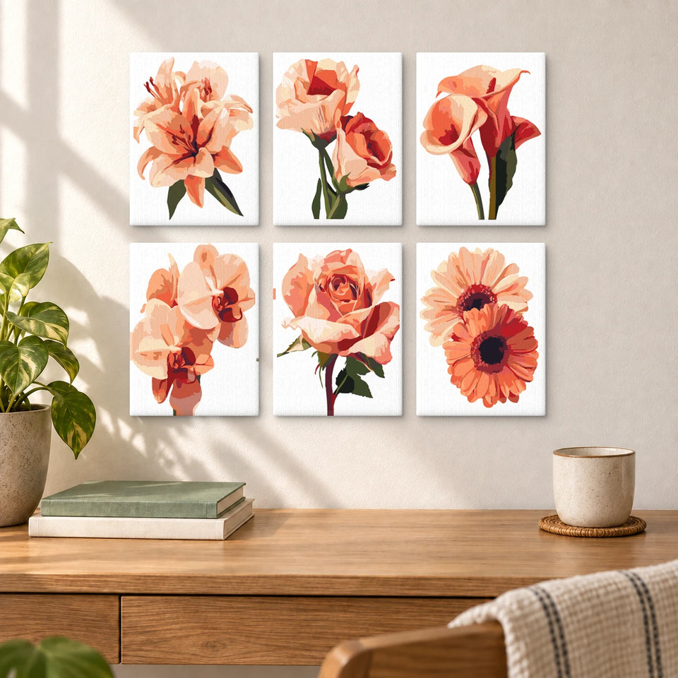 Peachy Blooms — completed artworks displayed in a room; frames shown for styling.