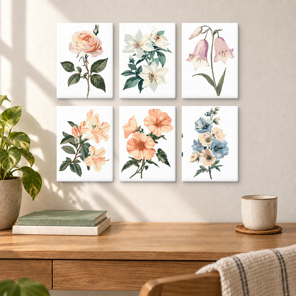 Pastel Florals — completed artworks displayed in a room; frames shown for styling.