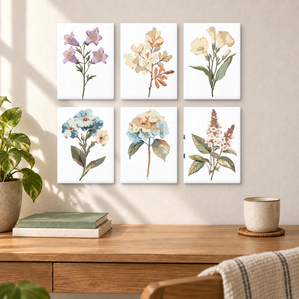 Soft Florals — completed artworks displayed in a room; frames shown for styling.