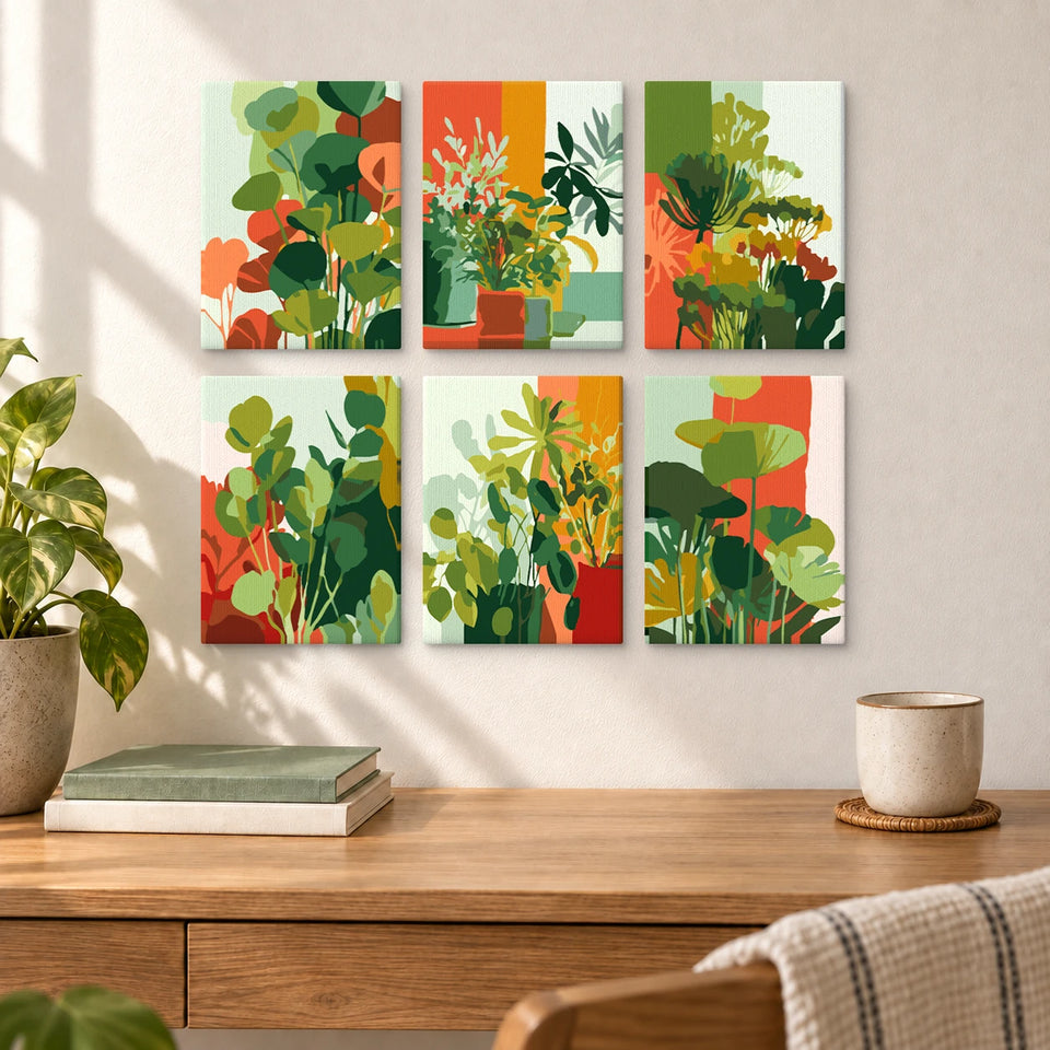 Tropical Plants — completed artworks displayed in a room; frames shown for styling.