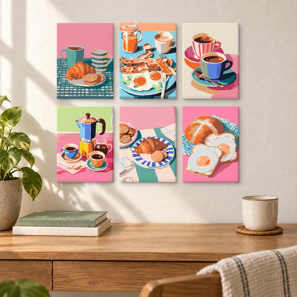 Coffee Brunch Feast — completed artworks displayed in a room; frames shown for styling.