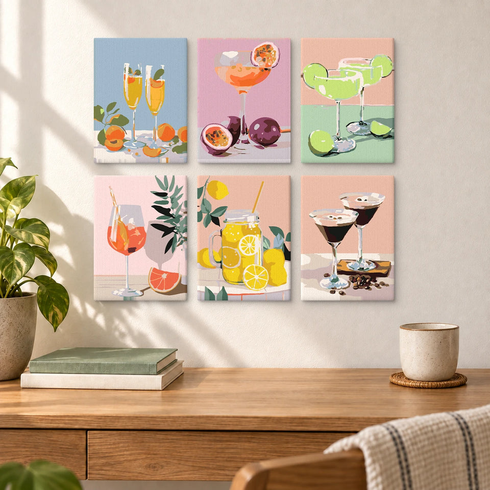 Brunch Drinks — completed artworks displayed in a room; frames shown for styling.