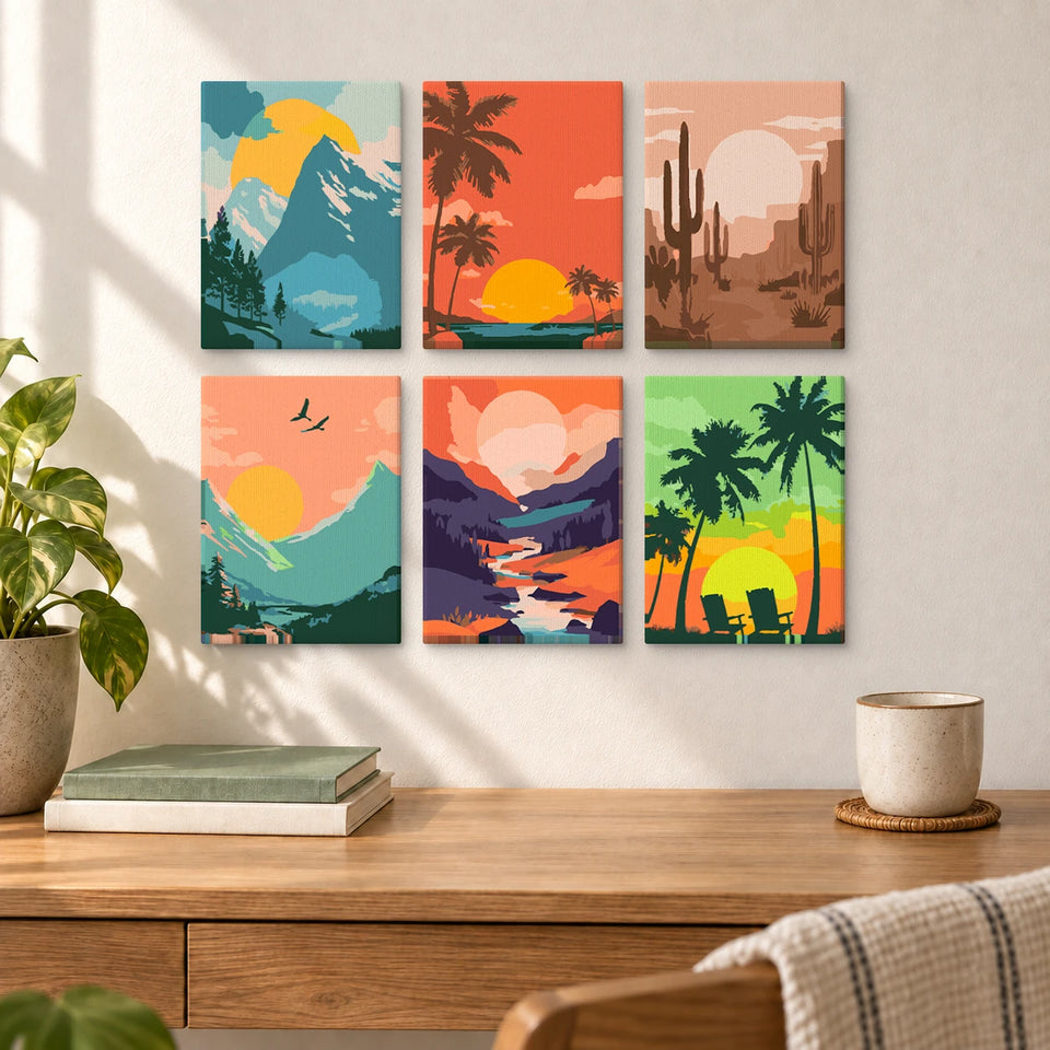 Sunset Getaway — completed artworks displayed in a room; frames shown for styling.