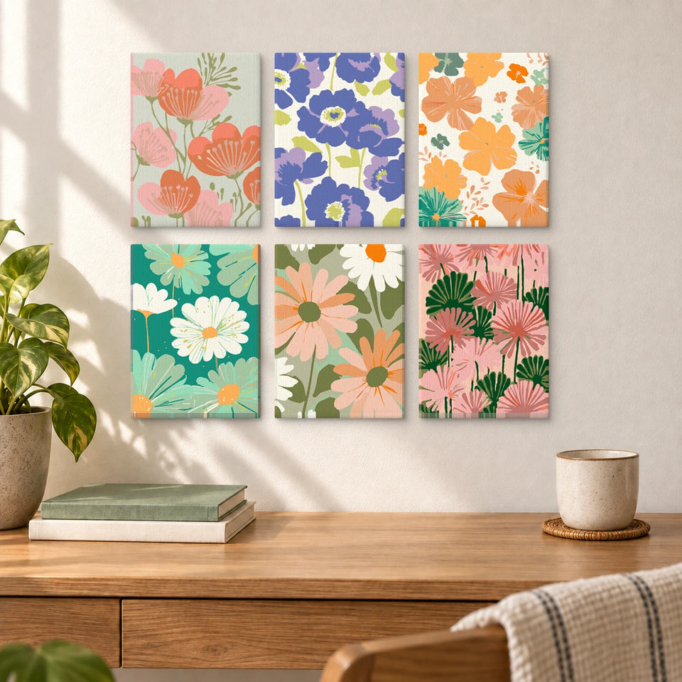 Retro Florals — completed artworks displayed in a room; frames shown for styling.