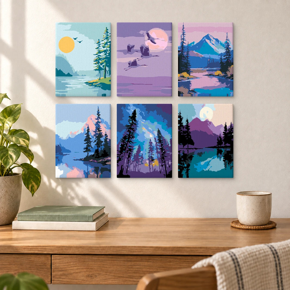 Twilight Forests — completed artworks displayed in a room; frames shown for styling.