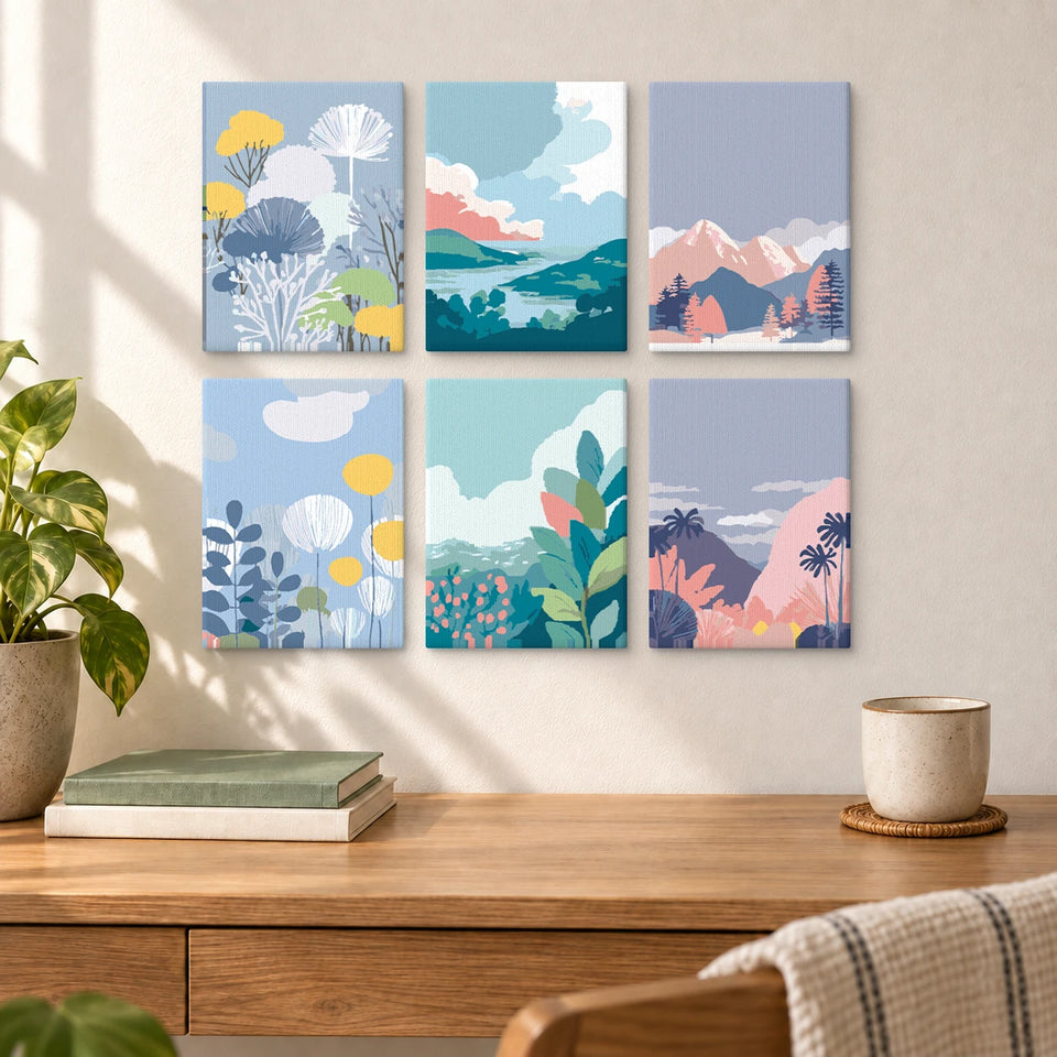 Pastel Landscapes — completed artworks displayed in a room; frames shown for styling.