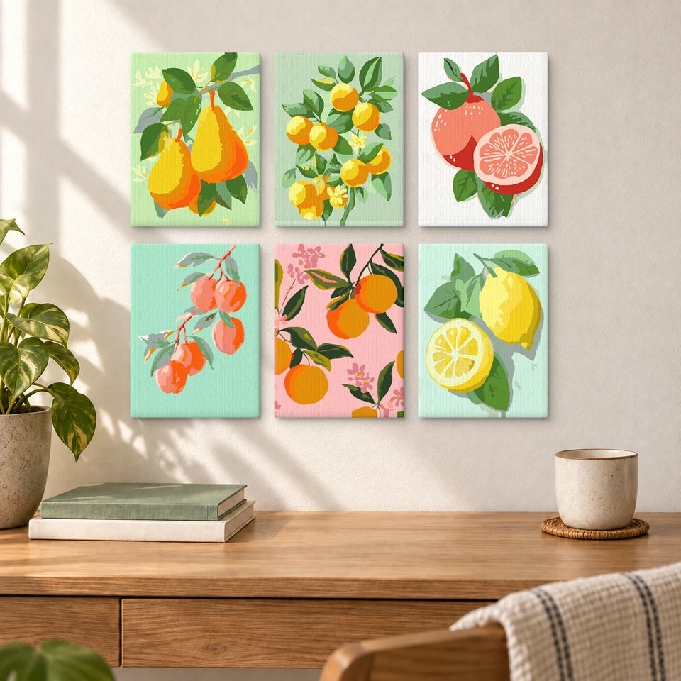 Citrus Medley — completed artworks displayed in a room; frames shown for styling.