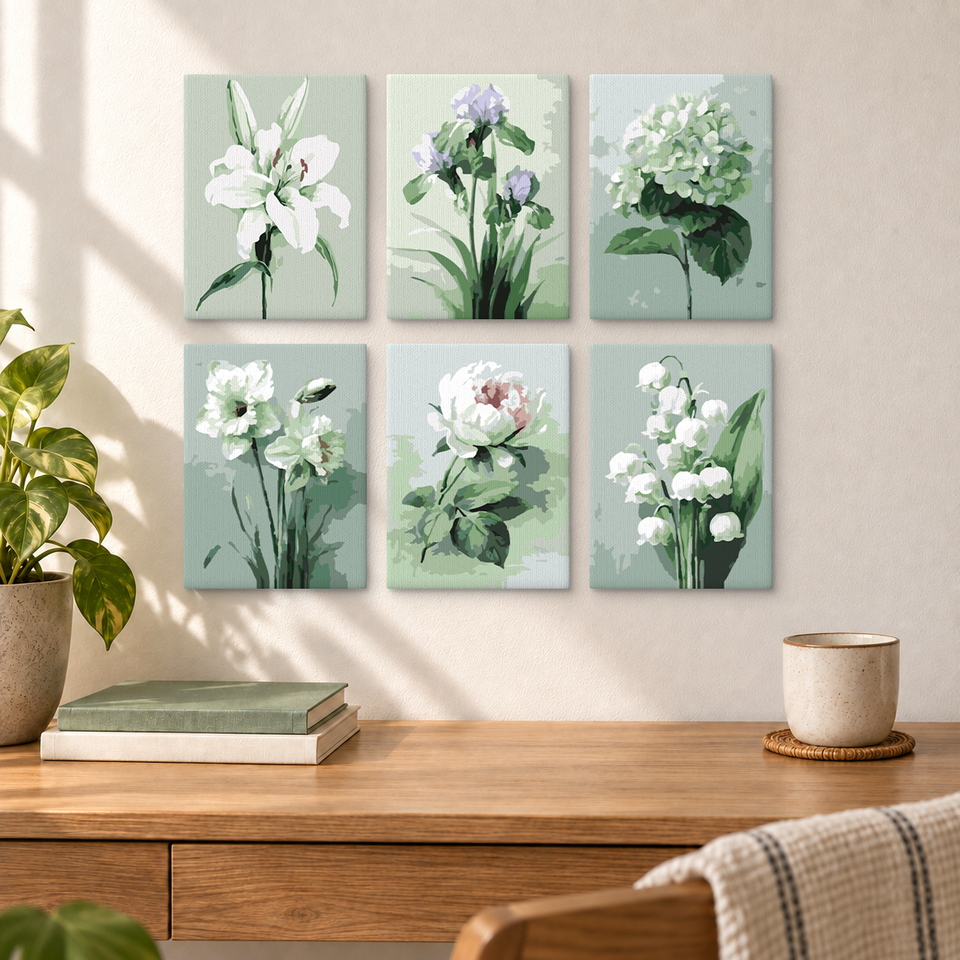 Lily Iris Hydrangea Peony Lily-of-the-Valley — completed artworks displayed in a room; frames shown for styling.