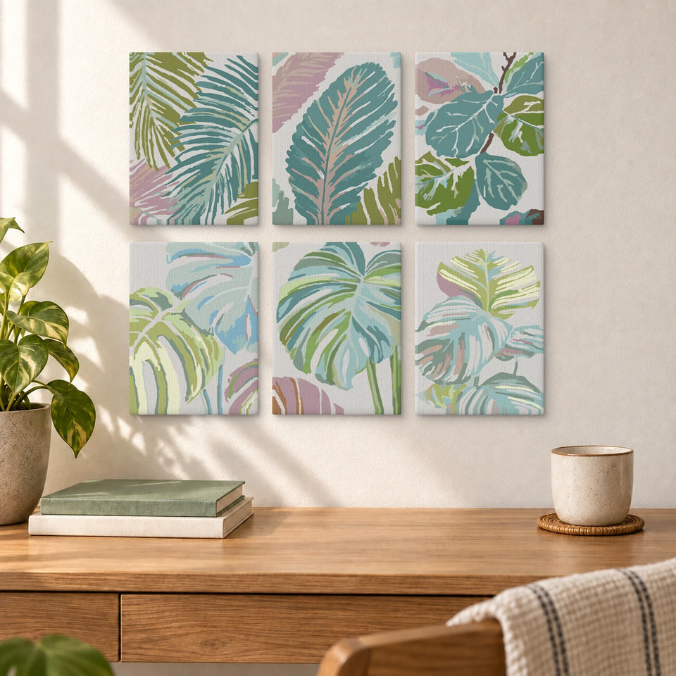 Monstera Palm Fiddle-Leaf Fig Banana Leaf — completed artworks displayed in a room; frames shown for styling.