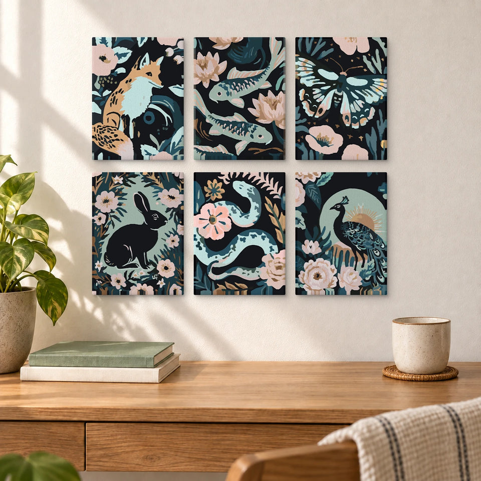 Fox Koi Moth Rabbit Peacock — completed artworks displayed in a room; frames shown for styling.