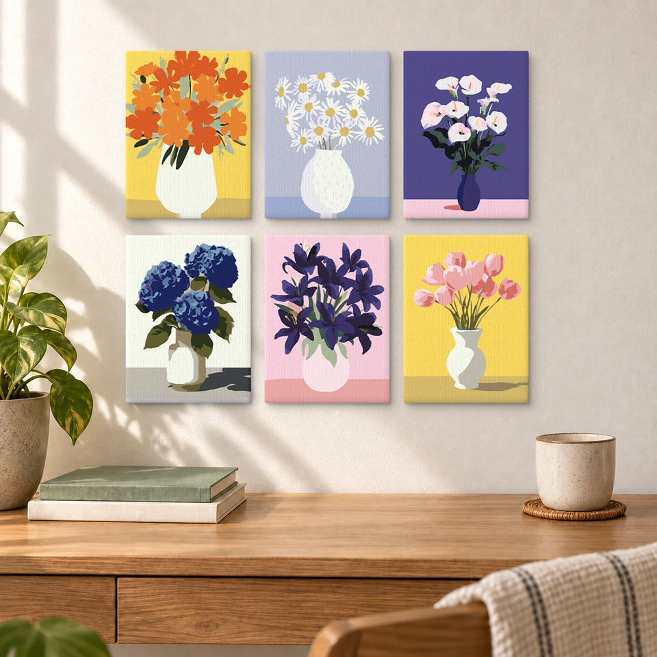 Vase Daisies Calla Hydrangea Tulips — completed artworks displayed in a room; frames shown for styling.