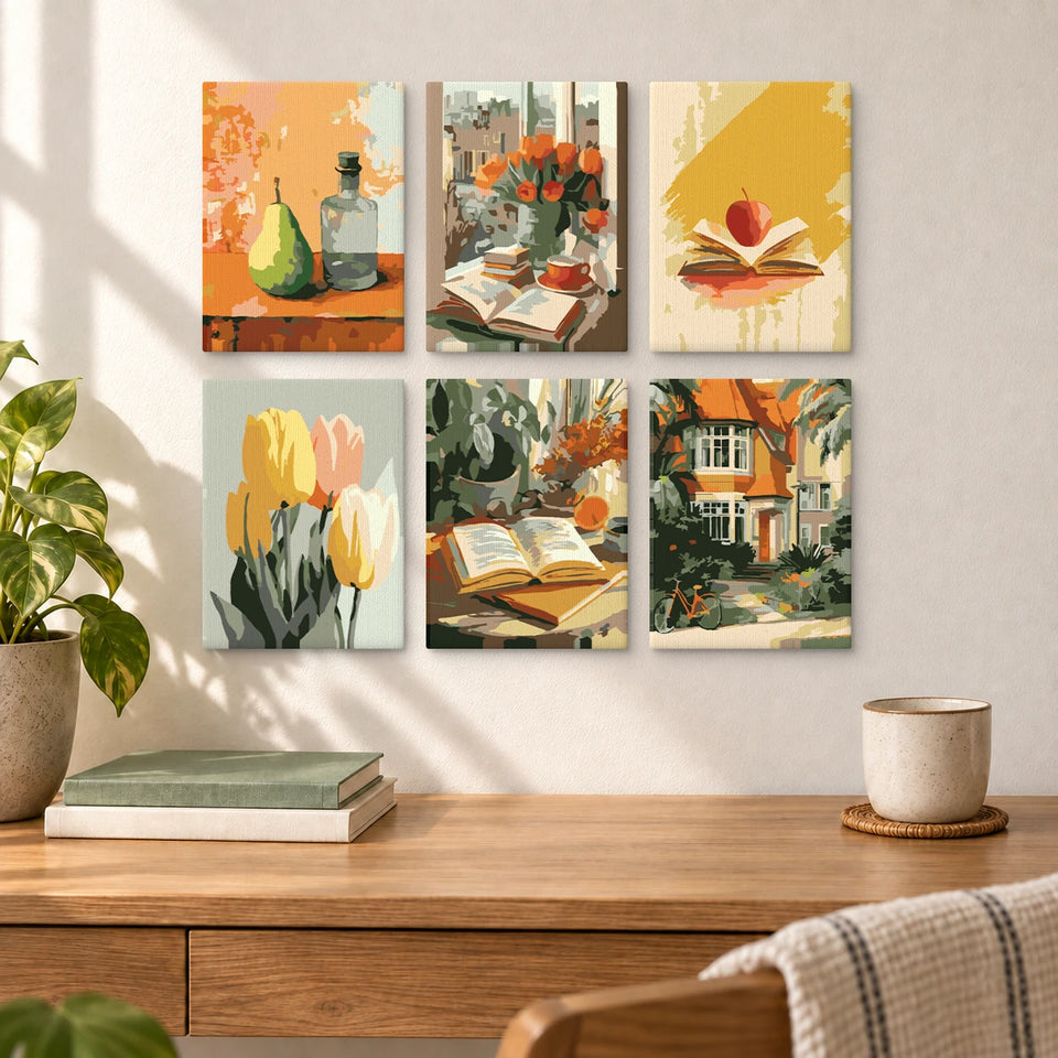 Pear Bottle Books Tulips House — completed artworks displayed in a room; frames shown for styling.