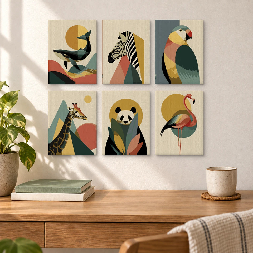 Whale Zebra Parrot Giraffe Panda — completed artworks displayed in a room; frames shown for styling.
