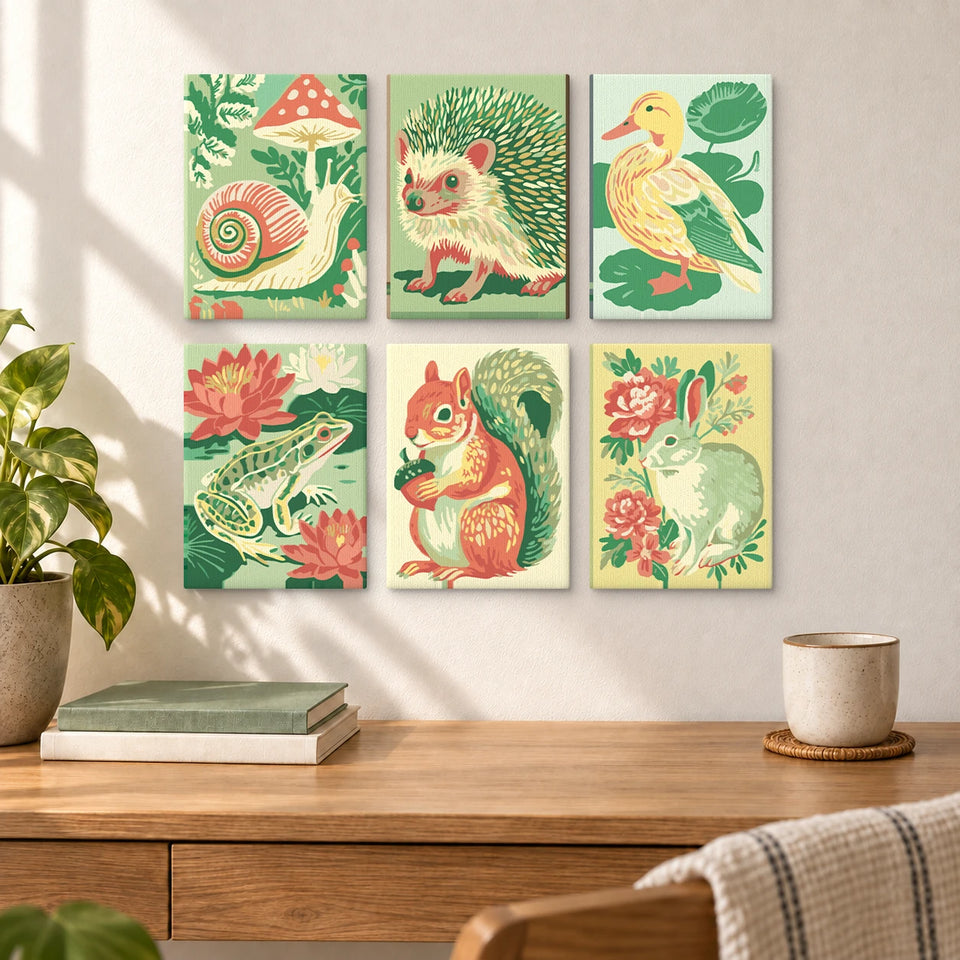Snail Hedgehog Duck Frog Squirrel — completed artworks displayed in a room; frames shown for styling.