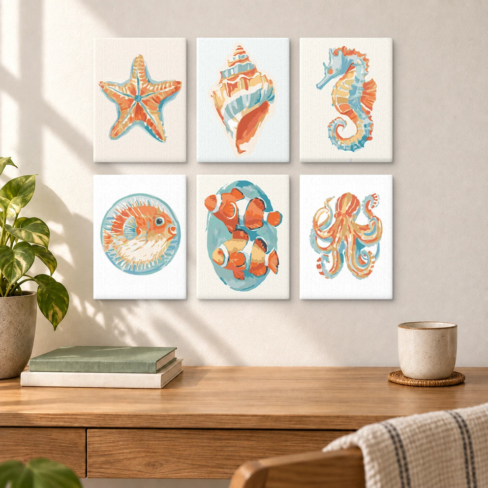 Starfish Conch Seahorse Pufferfish Octopus — completed artworks displayed in a room; frames shown for styling.