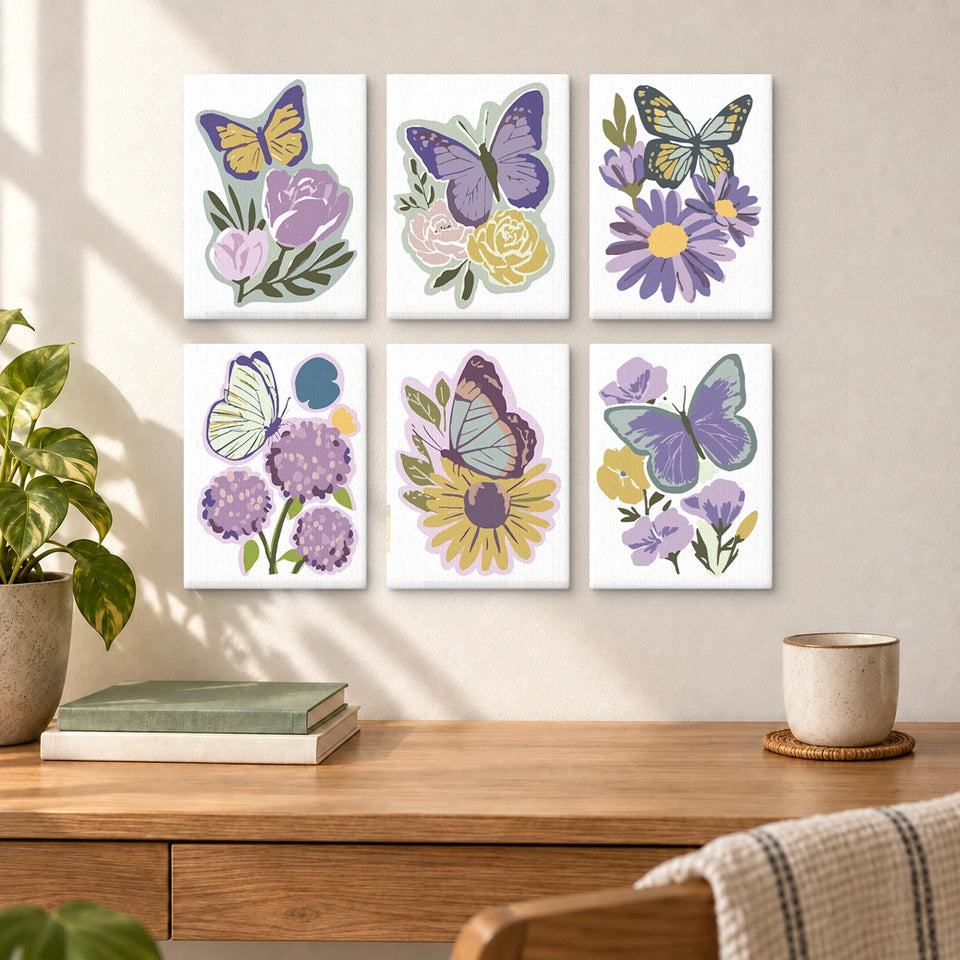 Butterfly and Flowers — completed artworks displayed in a room; frames shown for styling.