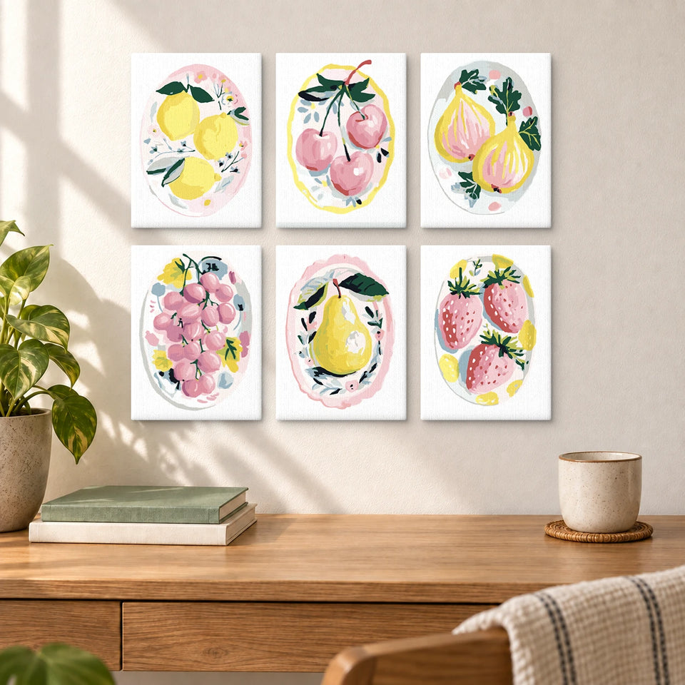 Fruit Ovals Set — completed artworks displayed in a room; frames shown for styling.