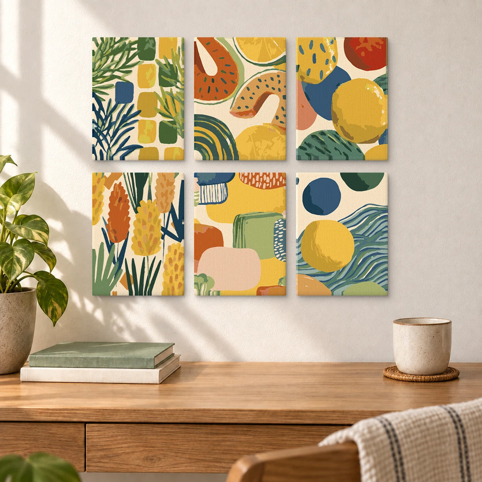 Geometric Pattern Blocks — completed artworks displayed in a room; frames shown for styling.