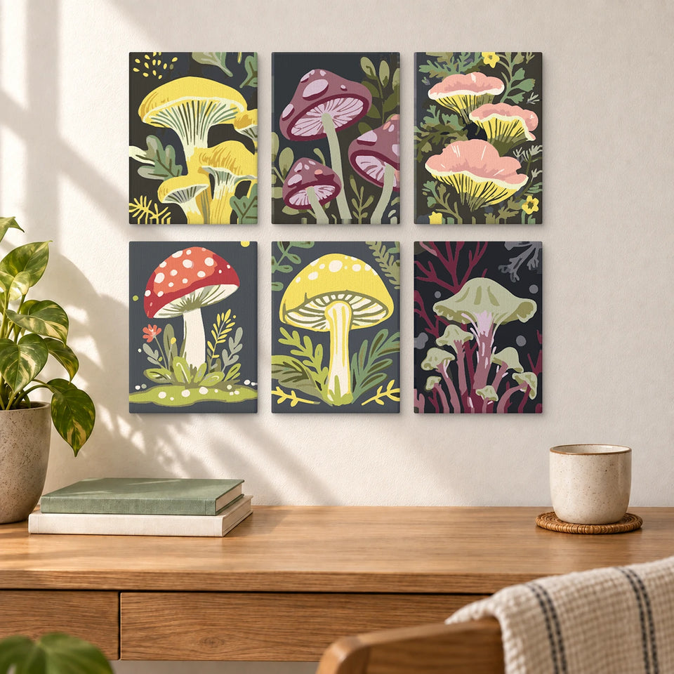 Mushrooms Set — completed artworks displayed in a room; frames shown for styling.