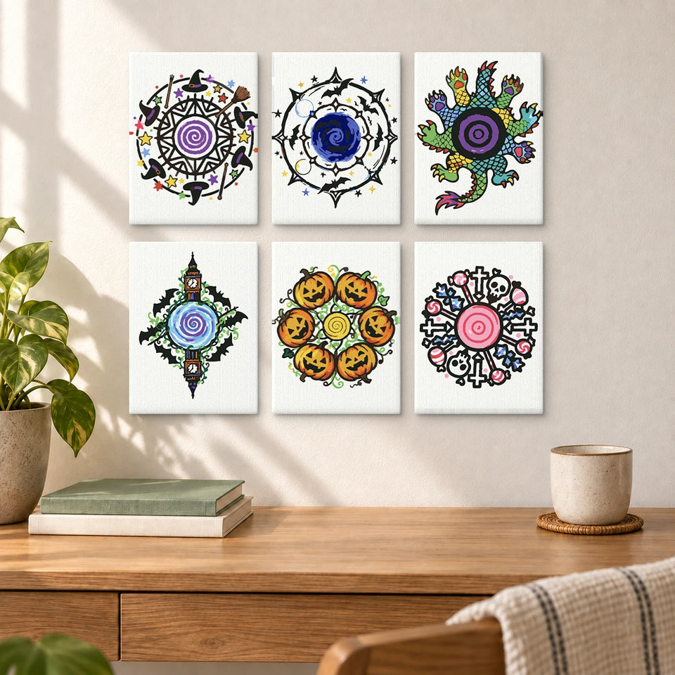 Halloween Mandalas — completed artworks displayed in a room; frames shown for styling.