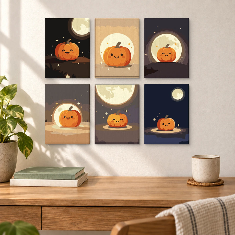Pumpkin Moon Series — completed artworks displayed in a room; frames shown for styling.