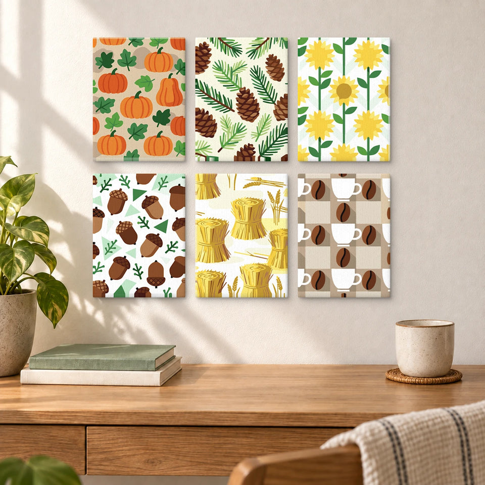 Autumn Pattern Set — completed artworks displayed in a room; frames shown for styling.