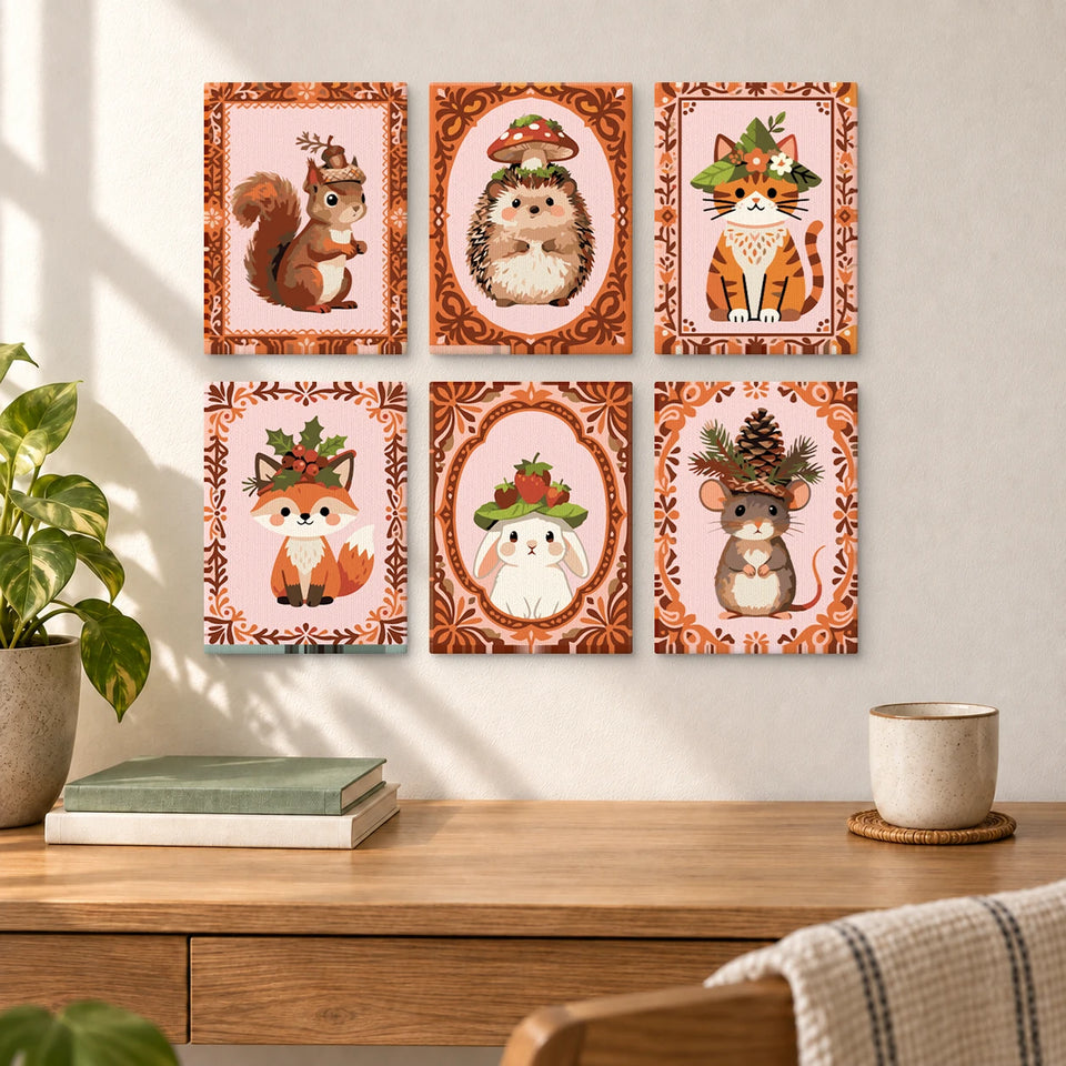 Woodland Animals Frames — completed artworks displayed in a room; frames shown for styling.