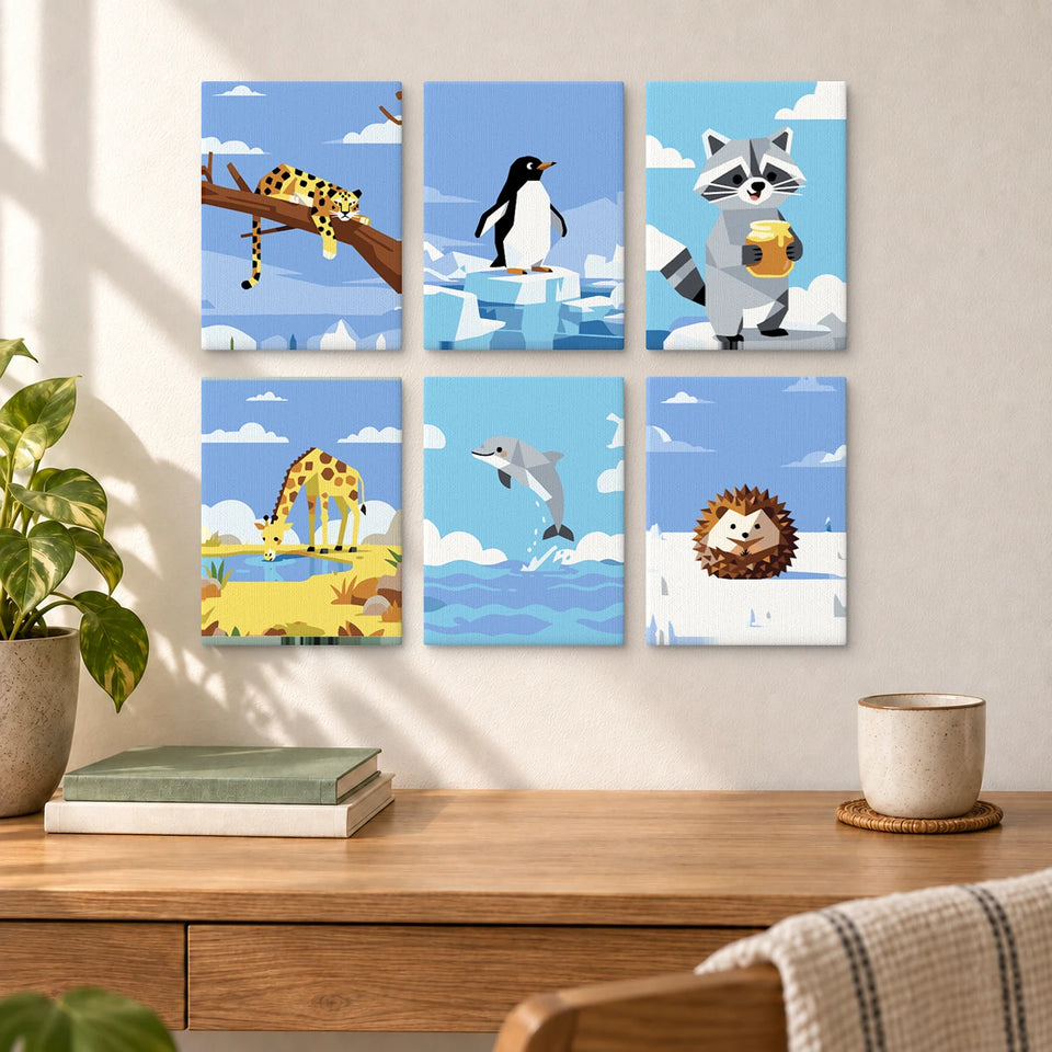 Winter Animals — completed artworks displayed in a room; frames shown for styling.