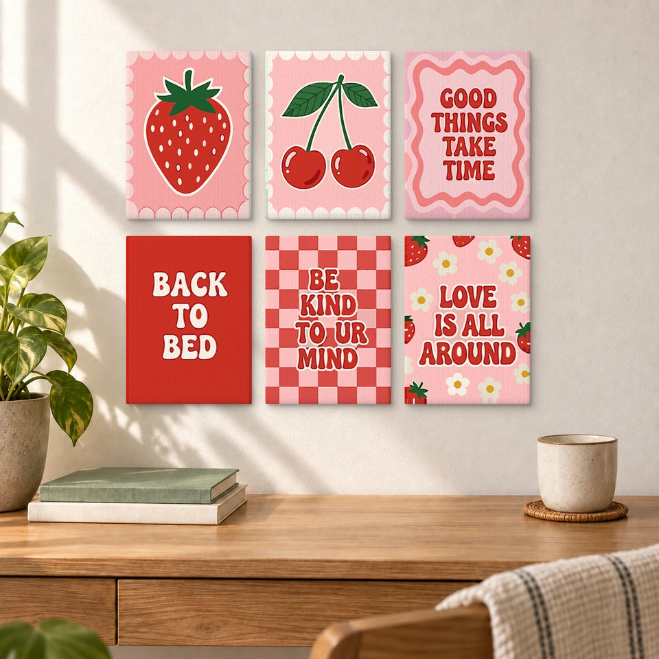 Quote Cards Set – Strawberry Cherry Slogans Daisies — completed artworks displayed in a room; frames shown for styling.