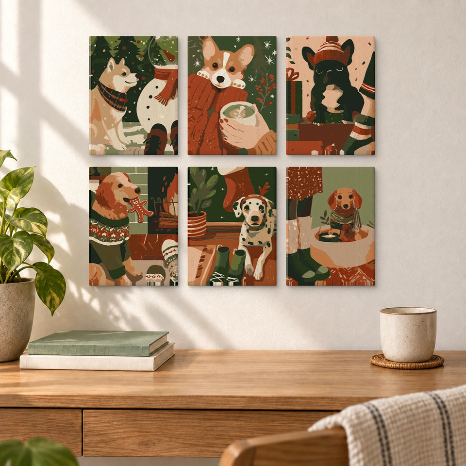 Mini Christmas Dogs Set – Snowman Fireplace Gifts — completed artworks displayed in a room; frames shown for styling.