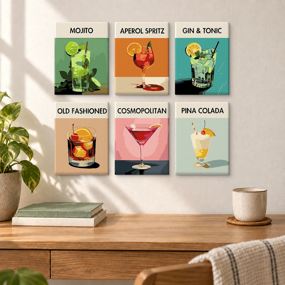 Aperitif Set — completed artworks displayed in a room; frames shown for styling.