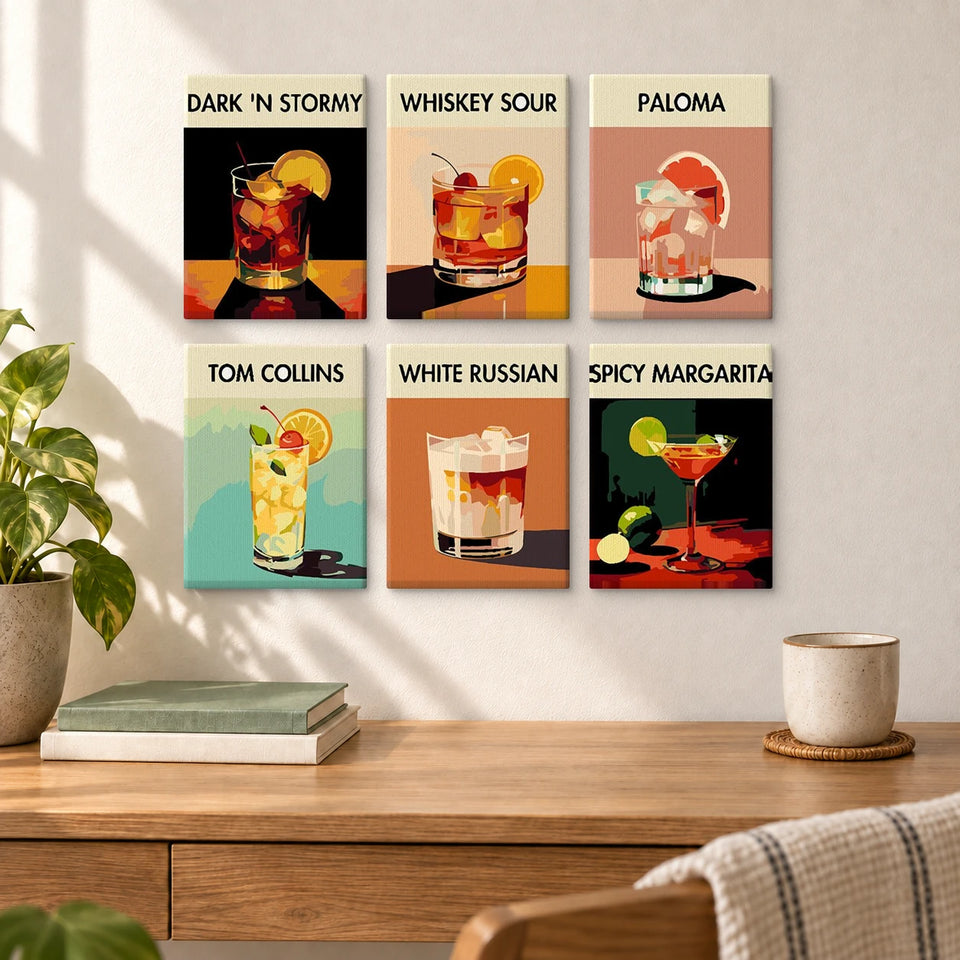 Party Cocktails — completed artworks displayed in a room; frames shown for styling.