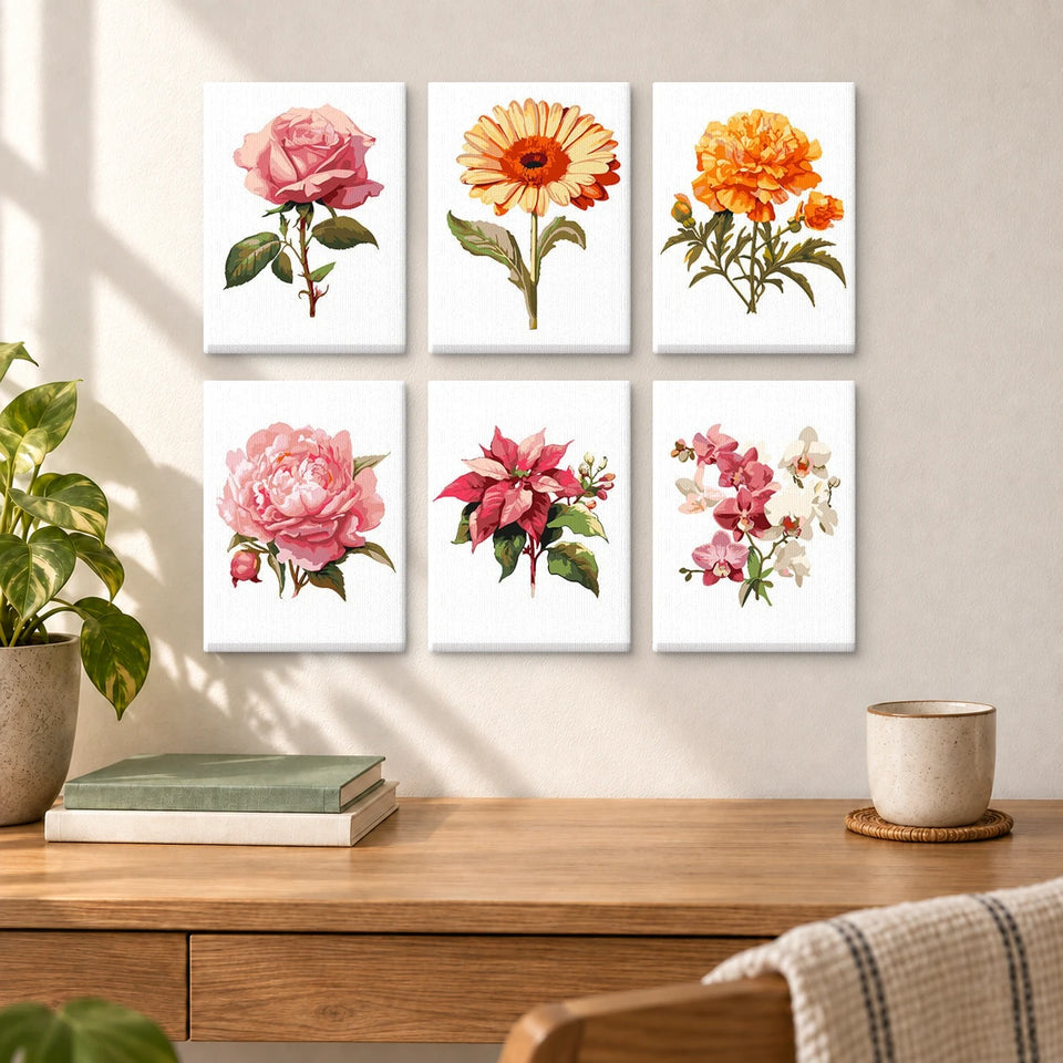 Garden Roses — completed artworks displayed in a room; frames shown for styling.