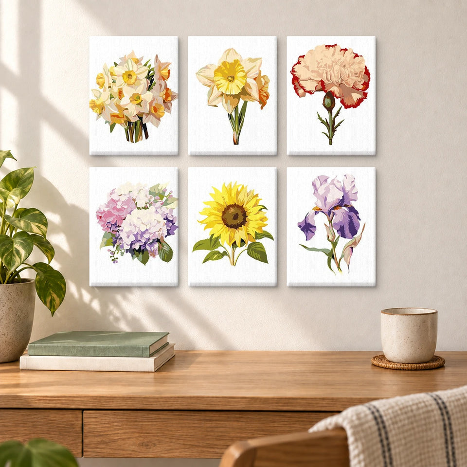 Elegant Florals — completed artworks displayed in a room; frames shown for styling.