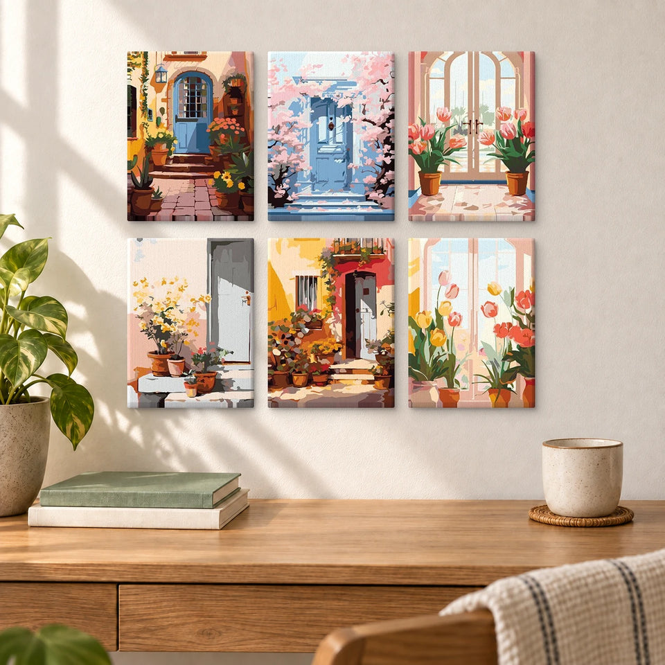 Charming Doors — completed artworks displayed in a room; frames shown for styling.