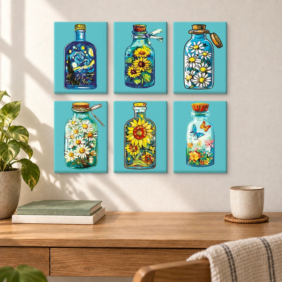 Bottled Joy — completed artworks displayed in a room; frames shown for styling.