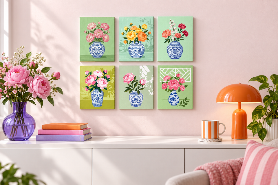 Chinoiserie Floral Illustrations: Six finished floral canvases on a pale pink wall above a white cabinet, with orange and violet accents