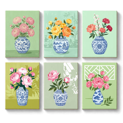 Chinoiserie Floral Illustrations — completed six-painting display