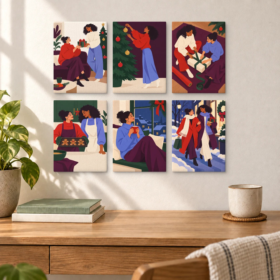 Home for Friendsmas — six completed mini paintings displayed above a desk.