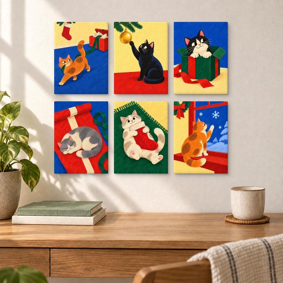 Christmas Little Mischief — six completed mini paintings displayed above a desk.