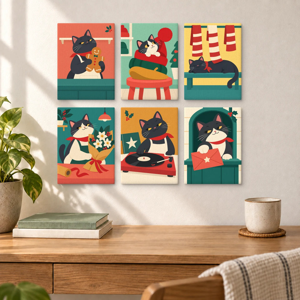 Christmas Cat Shops — six completed mini paintings displayed above a desk.