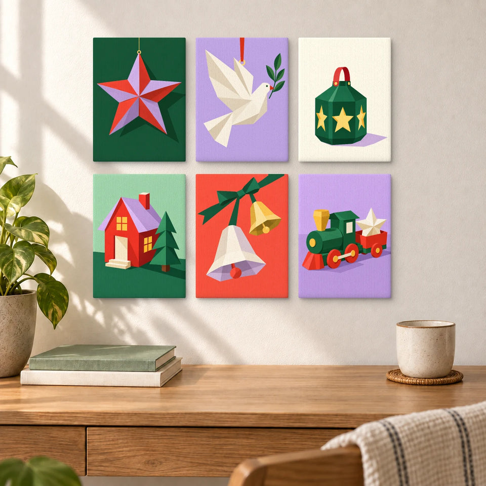 Christmas Paper Studio — six completed mini paintings displayed above a desk.