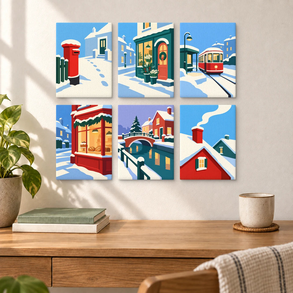 Snowy Street Corners — six completed mini paintings displayed above a desk.