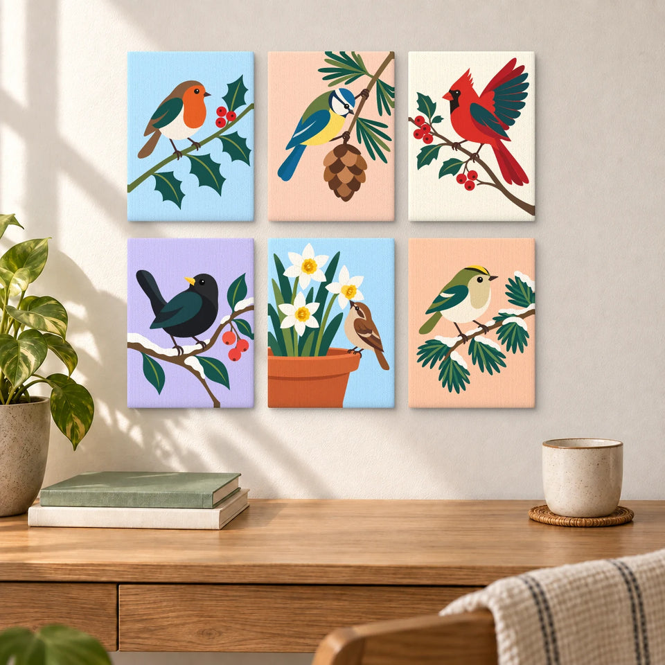 Winter Garden Visitors — six completed mini paintings displayed above a desk.