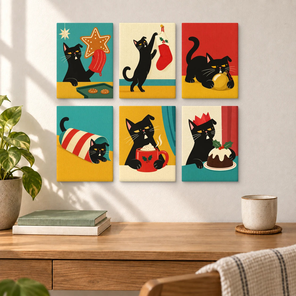 Christmas Cat Antics — six completed mini paintings displayed above a desk.