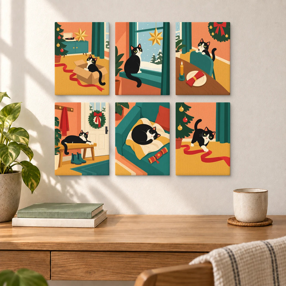A Cat's Christmas Home — six completed mini paintings displayed above a desk.