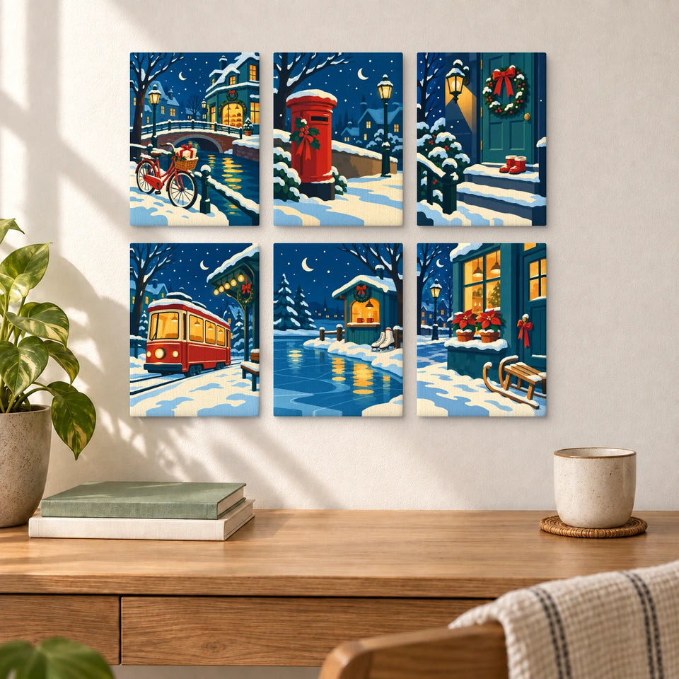 Christmas After Dark — six completed mini paintings displayed above a desk.