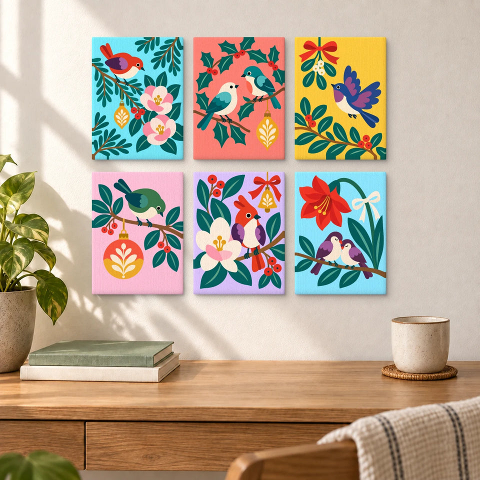 Winter Birds and Blooms — six completed mini paintings displayed above a desk.