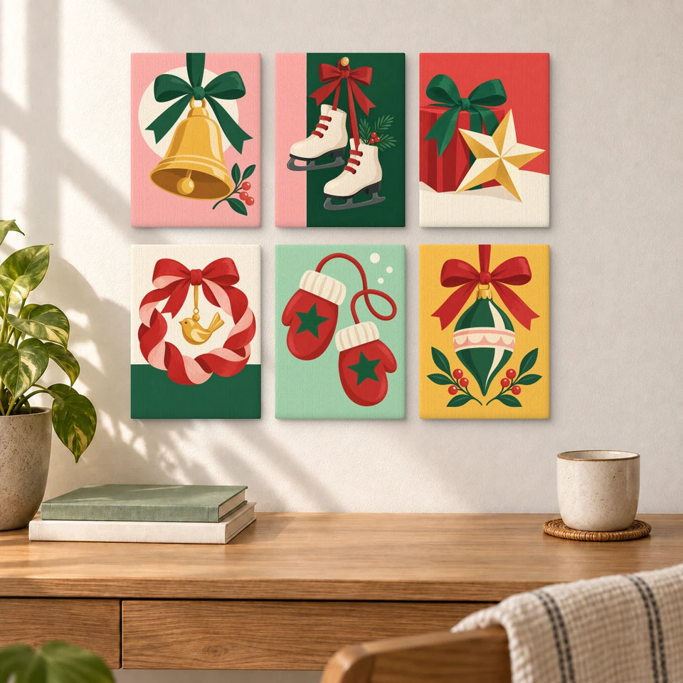 Christmas Keepsakes — six completed mini paintings displayed above a desk.
