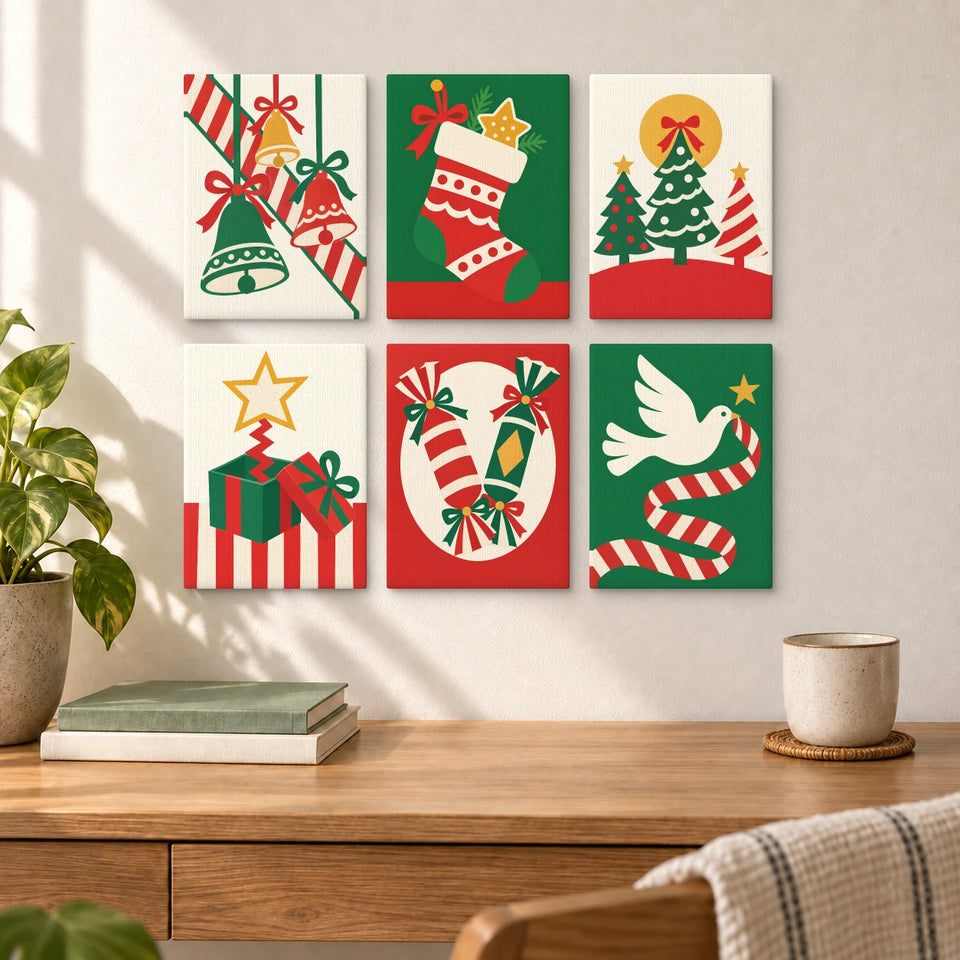 Paper Christmas Parade — six completed mini paintings displayed above a desk.